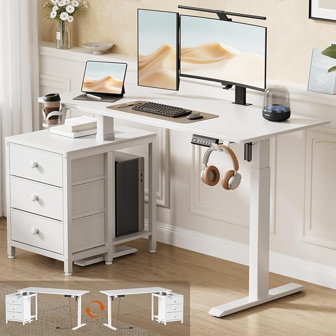 REAHOME 47 Inch White Electric Height Adjustable Standing Desk with Drawers | Dual Motor Sit-Stand Frame With 3 Memory Presets, Printer Cabinet, Hooks & Cable Management For Home Office Gaming Desk