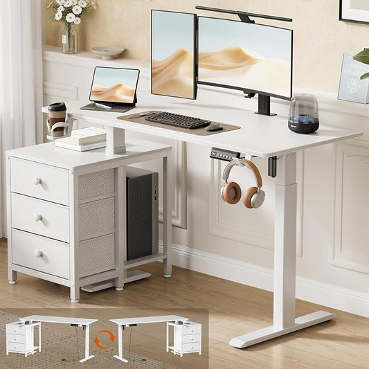 REAHOME 47 Inch White Electric Height Adjustable Standing Desk with Drawers | Dual Motor Sit-Stand Frame With 3 Memory Presets, Printer Cabinet, Hooks & Cable Management For Home Office Gaming Desk