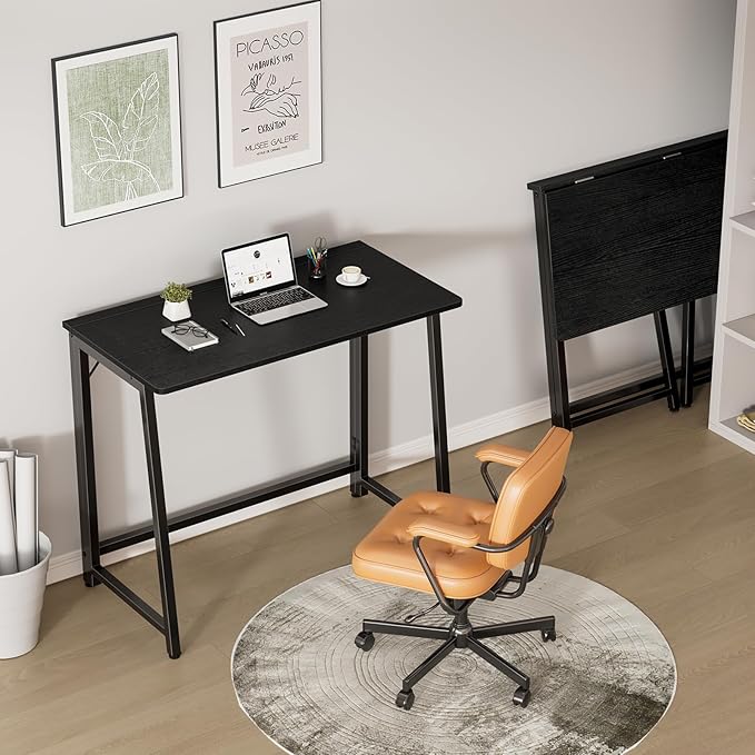 DUMOS 31.5 Inch Folding Desk, Foldable Computer Table for Small Spaces, Metal Frame Gaming Writing Work Station, Mini Home Office Surface, Black