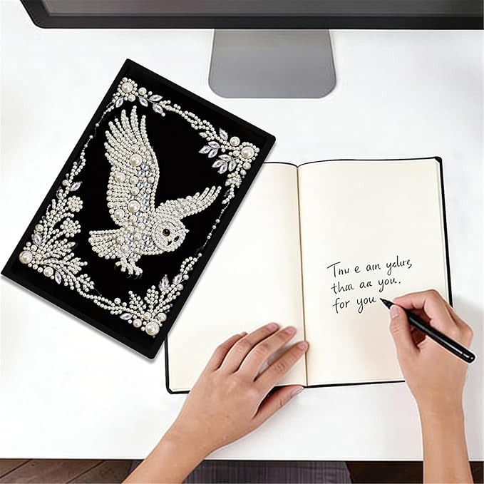 FRANDEK Pearl Painting Notebook Kit, Black and White Owl A5 DIY Journal with 50 Blank Pages, Diamond Gem Art Cover with Waterproof Canvas, Beginner Craft Set with Full Tools for Adults