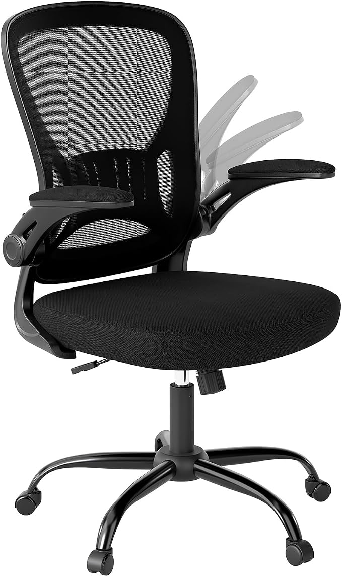 Youhauchair Adjustable Mesh Ergonomic Office Chair with Wheels, Black | Flip-up Arms, Lumbar Support, Home Desk Chair, Height Adjustable, Breathable, Mid Back Swivel Compurter Chair, Set of 1