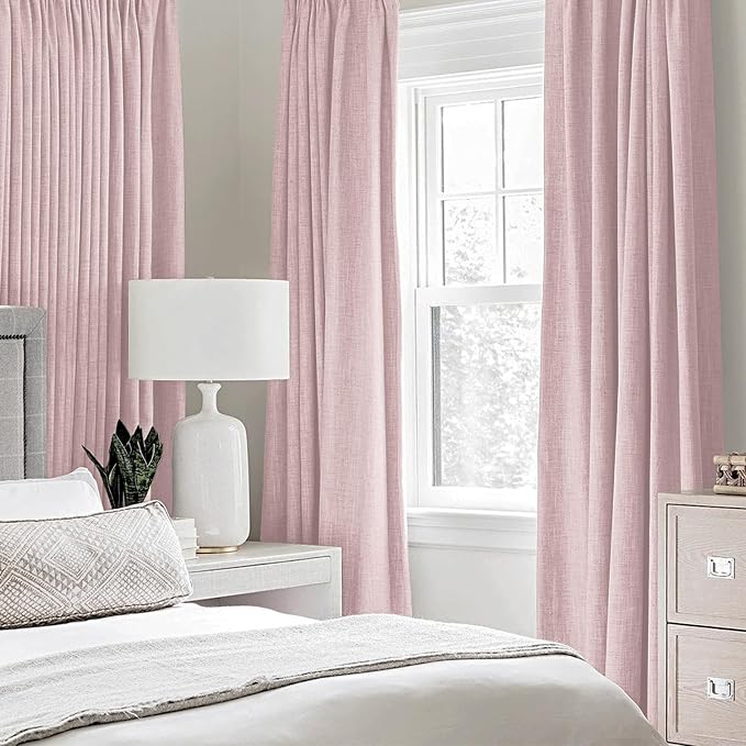 MIULEE Linen Texture Curtains for Bedroom Solid 100% Blackout Thermal Insulated Pink Curtains Grommet Room Darkening Drapes for Living Room 52x72 Inch (2 Panels)