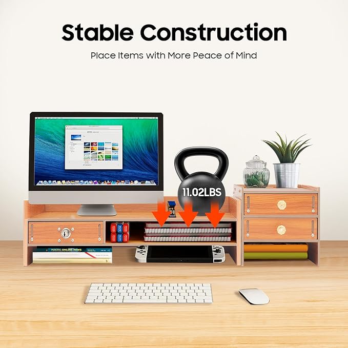 Wood Monitor Stand With Drawers,Desk Organizer With Lockable Drawer & Phone Holder, Computer Monitor Riser Stand With Storage Shelf,Multi-Purpose Desktop Storage Stand For Computer, Laptop, Printer