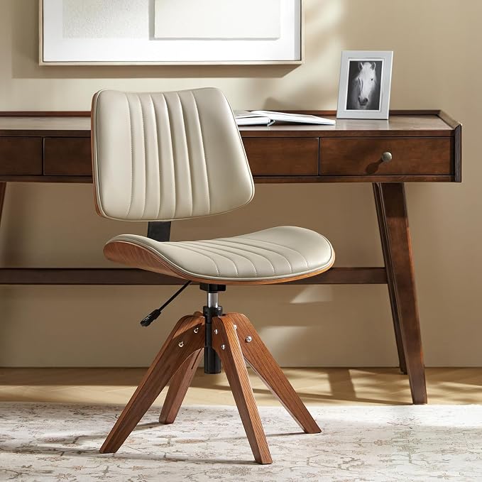 HULALA Home Faux Leather Home Office Desk Chair No Wheels, Ivory | Mid-Century Modern Desk Chair with Wood Legs, 360° Swivel Computer Task Chair with Channel-Tufted Backrest, Height Adjustable