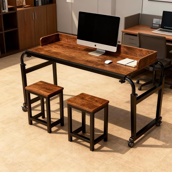 Overbed Table with Wheels and Desktop Enclosure, Height and Length Adjustable Over Bed Desk King Queen Bed Table Overbed Laptop Table (Rustic Brown)