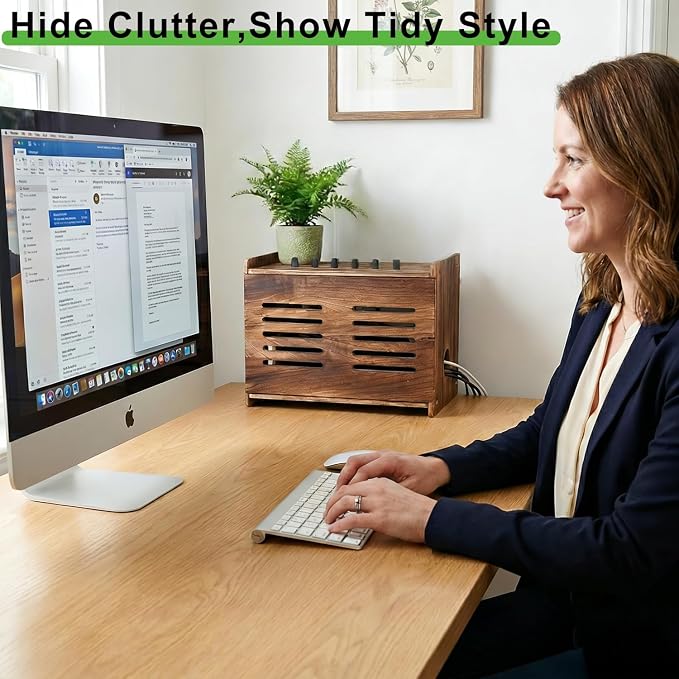 Upgraded Wood Router Box Hider Shelf, Retro Vintage Wifi Router Storage Modem Power Strip, 16 Inch Fits Most Routers, Easy Install Cable Management Home Office Organizer