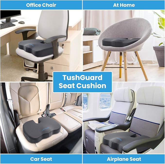 TushGuard Seat Cushion for Office Chair, Memory Foam Chair Cushion, Gray | Office Chair Cushion for Car, Airplane - Chair Pad for Long Sitting Sciatica, Hip, Coccyx,Tailbone Pain Relief, Butt Pillow