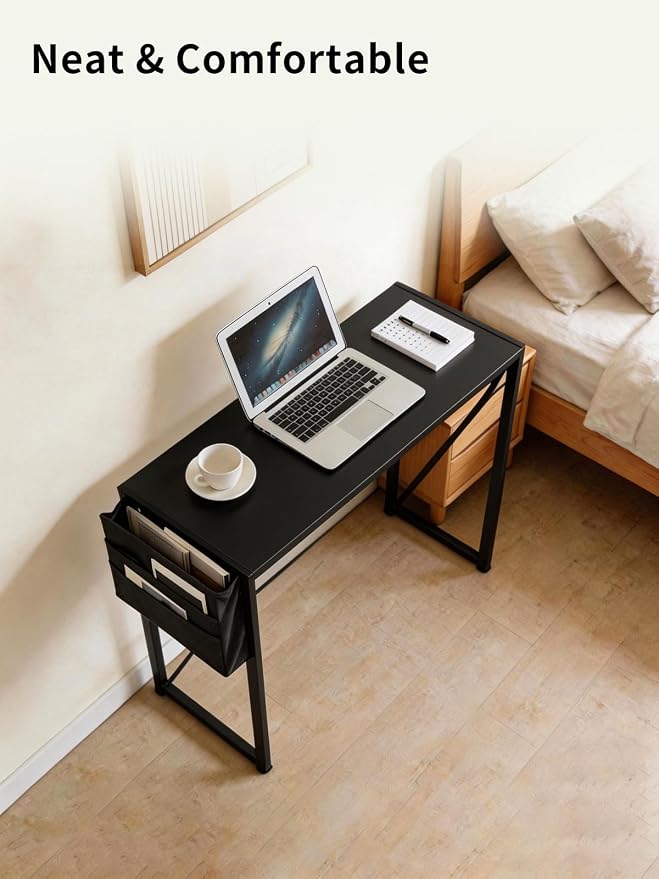 Modern Foldable Writing Computer Desk with Storage Bag, No-Assembly Study Office Desk Foldable Table for Small Spaces, Home Office (Black, 39.4 inch)