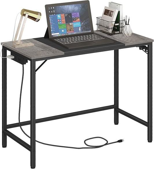 HOOBRO Computer Desk, Home Office Desk with Power Outlet, Modern Study Writing Desk with 3 Hooks for Study Room, Home Office, Sturdy and Stable, Easy to Assemble, Charcoal Gray and Black BC40UDN01