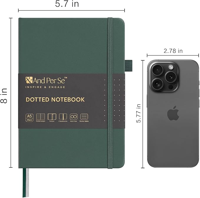 &And Per Se 10-Pack Dotted Notebooks, A5 Hardcover Dotted Journal Set, 160 Pages, 100gsm Paper, Office Supply Bulk Order, Corporate Workshop Materials – 3 Sticker Sheets Each (Green)