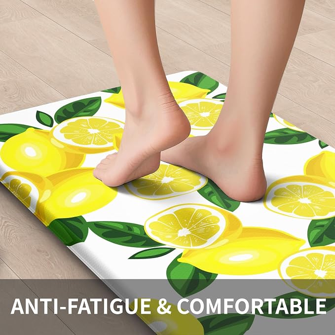 Lemon Kitchen Decor Mat, Extra Long Anti Fatigue Kitchen Mats | Extra Long Coverage,Bright Lemon Pattern,Cushioned Comfort,Waterproof Surface,Non-Slip Backing,Easy Clean,Kitchen Island