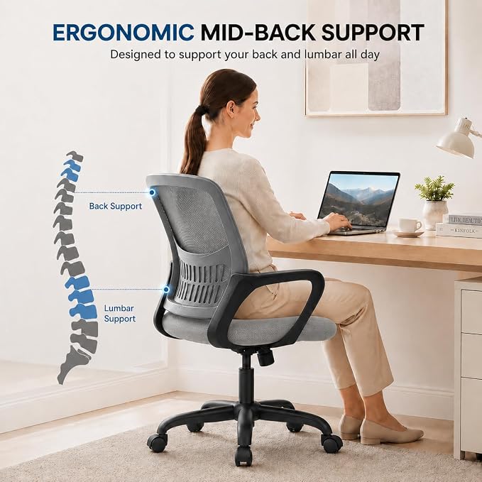 Ergonomic Office Chair, Home Office Desk Chair, Game Chair with Lumbar Support, Breathable Mesh Chairs, Swivel Desk Chairs for Computer, Home, Office, 360° Swivel (Grey)