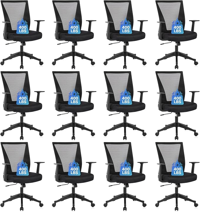 CLATINA Big and Tall Office Chair, Heavy Duty Ergonomic Mesh Computer Desk Chair with Armrests, Adjustable Height Rolling Swivel Mid Back Executive Task Chairs for Home Office Conference, Black, 12PK