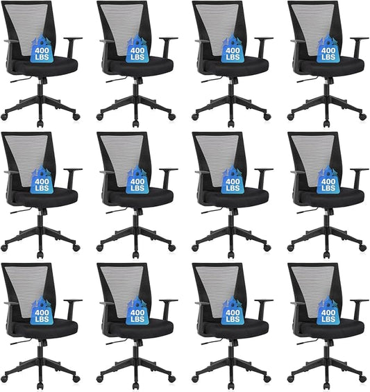 CLATINA Big and Tall Office Chair, Heavy Duty Ergonomic Mesh Computer Desk Chair with Armrests, Adjustable Height Rolling Swivel Mid Back Executive Task Chairs for Home Office Conference, Black, 12PK