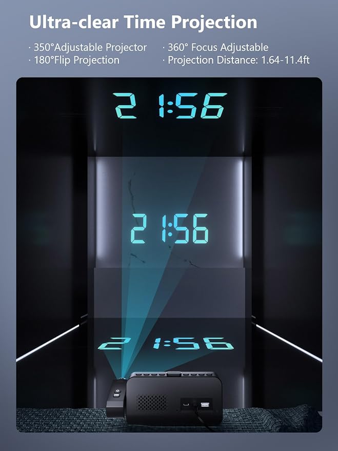 OnLyee Projection Clock for Bedroom Ceiling, Alarm Clock for Heavy Sleepers | 350° Rotatable Projector, Dual Alarms, 5 Brightness, Weekday/Weekend Mode, Temp & Humidity, Snooze, USB Charger