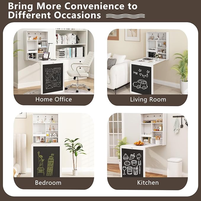 SIMOE Floating Wall-Mounted Desk, Storage Shelves and Hooks, Foldable Murphy Table with Chalkboard, Space-Saving Solution for Home Office, Bedroom, Dorm Room and Small Spaces