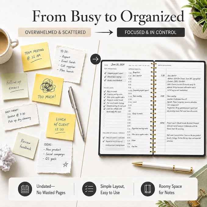 Daily Planner with Hourly Schedules - Undated To Do List Notebook for Work and Study, Spiral Bound, 5.5" x 8.5", Easily Manage Tasks and Appointments - Black