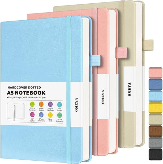 Dotted Journal Notebook 3 Pack, A5 Hardcover Notebook with 120gsm Thick Dotted Paper, Leather Journals for Women, Men, Dot Grid Notebook Journal for Writing, Notebooks for Work, School, 5.75" × 8.38"