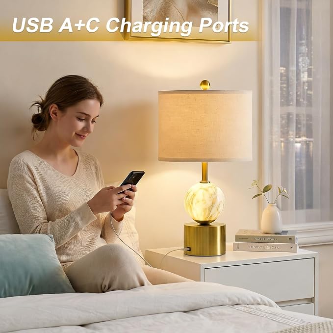 Oneach 20.5" Small Bedside Table Lamps for Bedroom Nightstands, Gold Glass Modern Table Lamps Set of 2 with USB A+C Charging Port, Night Light, Luxury Lamps for Living Room End Table(Bulbs Included)