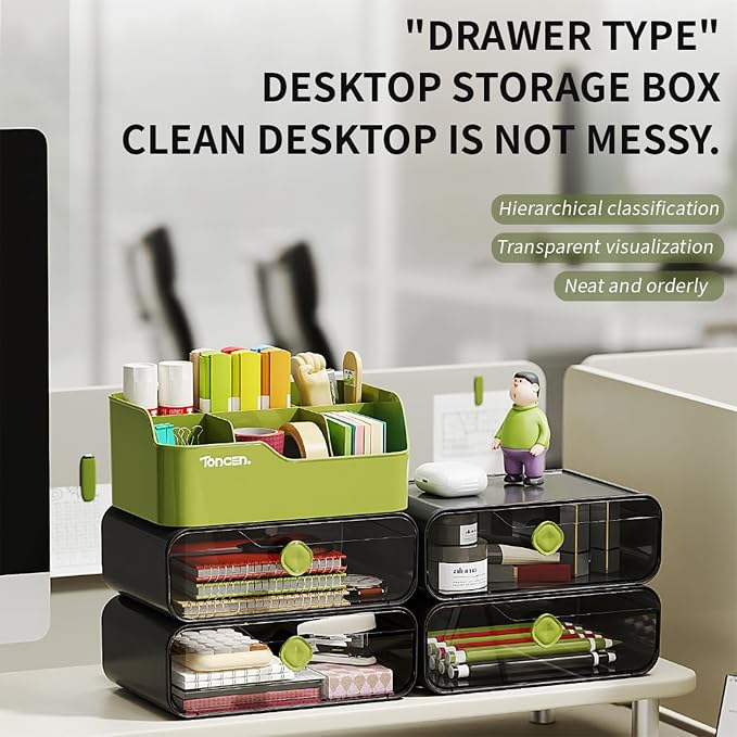 Desk Organizer with Drawers & Divided Compartments, Stackable Desktop Storage Caddy for Makeup and Office Stationery (Black)