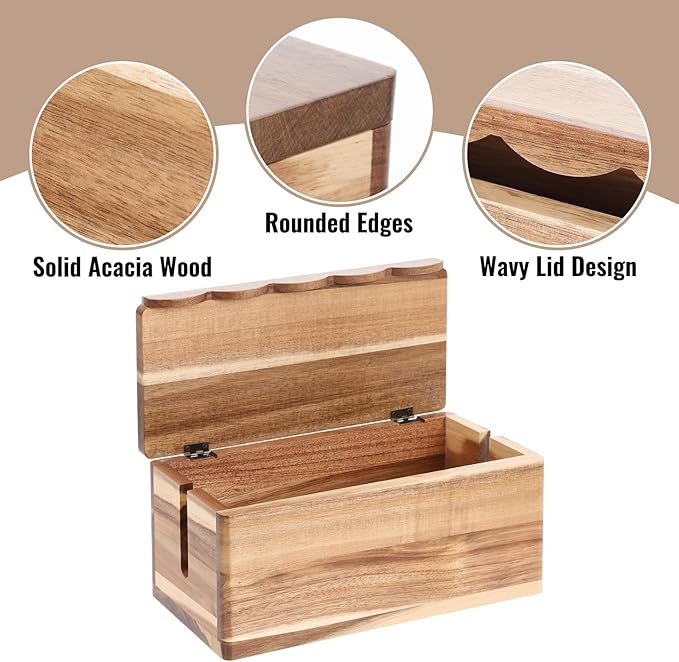 Large Cable Management Box Scalloped Edge, Acacia Wood Cable Organizer Box & Power Strip Box for Electrical Cord Management, Hide Desk Cord and Floor Cables, Wire Storage and Organization for Cords