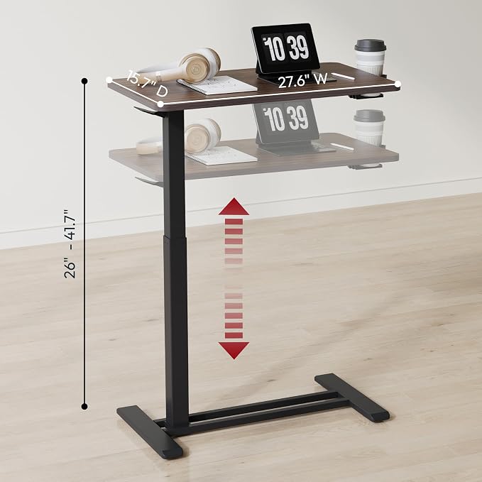 SANODESK 28''Mobile Standing Desk with Hidden Wheels,Pneumatic Laptop Desk | Computer Cart Movable Height Adjustable Table Small Sit Stand Desk for Home Office Hospital Use,27.6"W x 15.7"D,Black Walnut