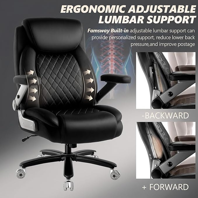 650LBS Big and Tall Office Chair with 5D Flip Arms and Thick Pocket Spring Cushion, Extra Wide Heavy Duty Office Chair & Adjustable Lumbar Support, Large High Back Computer Chair Dual Rubber Wheel