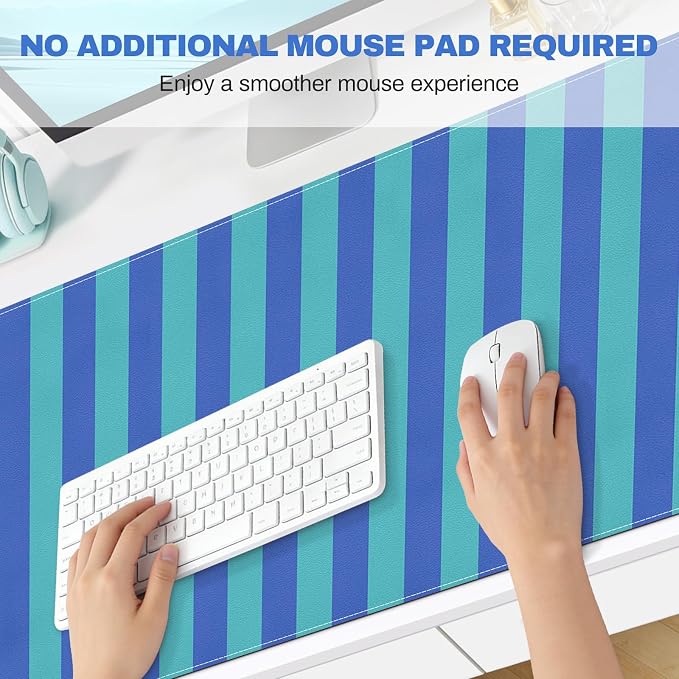 Striped Desk Mat,PU Leather Desk Pad,Extra Large Mouse Pad Table Mat for Laptop Computer, Blue Turquoise Keyboard Mat,Waterproof PU Desk Cover Mat for Office Home Deco