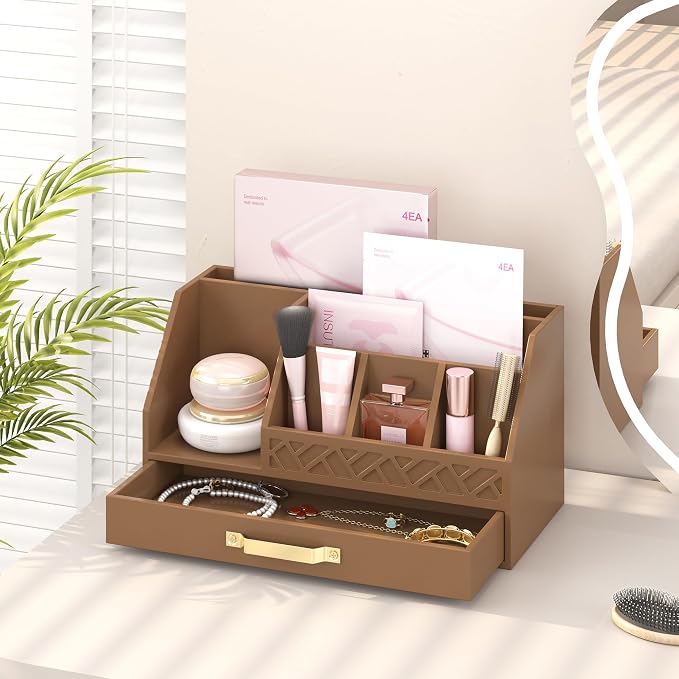 Wisuce Bamboo Mail Organizer Countertop with Drawers, Wooden Desk Organizer File Bill Sorter Storage Box for Desktop Letter Envelope Countertop Holder for Office Home School Organization