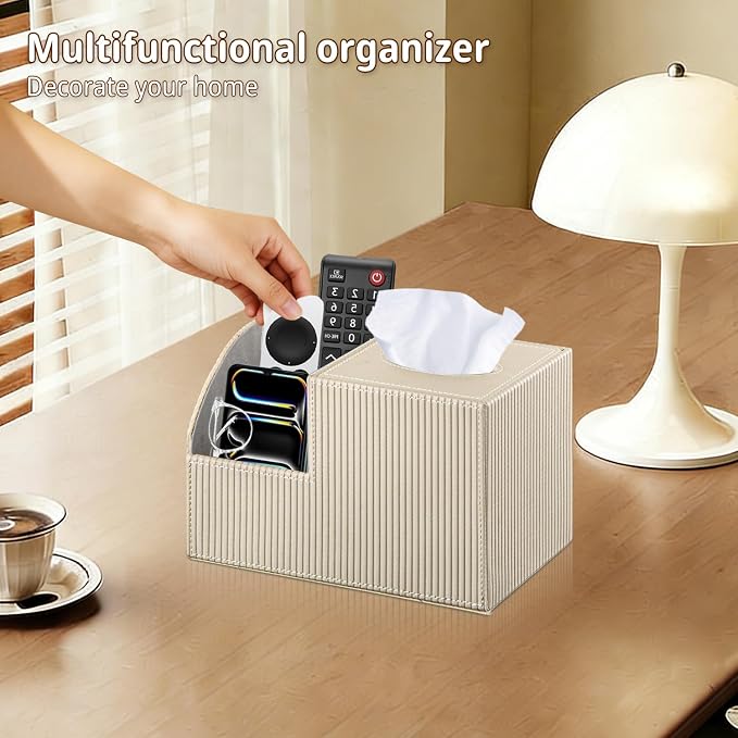 PU Leather Square Tissue Box Cover with Storage,Facial Tissue Box Holder | Multi-Functional Tissue and Remote Control Holder,Cube Tissue Box Organizer/dispenser for Bathroom,Nightstand,End Table Decor