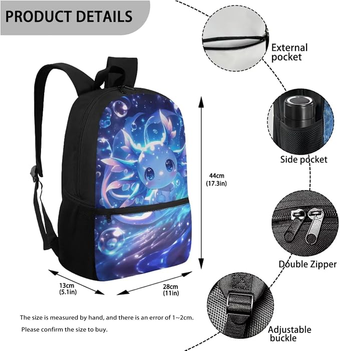 WELLFLYHOM Cute 17 Inch Axolotl Elementary School Backpack for Girls 6-11, Blue 4 PCS Backpack with Lunch Box, Kids Back to School Supplies, Mochilas Para Niñas