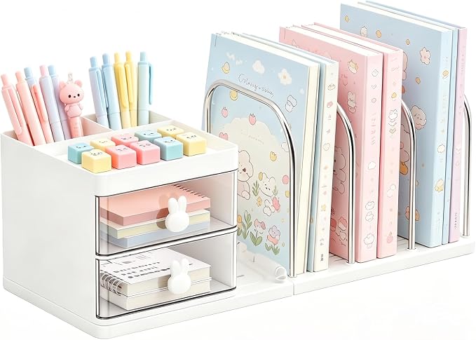 SAYEEC Desk Organizer with File Sorter Detachable Desktop Organizer 4 Sections Adjustable Bookends Plastic Storage Box with 2 Drawers Multi-Functional Pen Pencil Holder File Organizers for Office Home