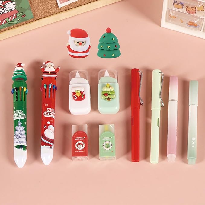 7 Pcs Cute Xmas Stationery Set Kawaii Christmas School Supplies Office Supplies Including Ballpoint Pens Pencil Sharpener Highlighter Correction Tape Eraser (X-mas(Green))