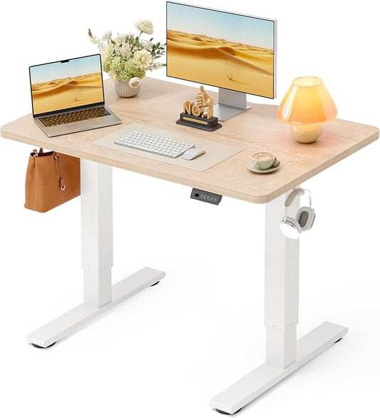 CubiCubi Electric Standing Desk 40 x 24 Inch, Height Adjustable Sit Stand Desk with Memory Presets, Splice Desktop Computer Desk for Home Office, White Frame/Nature Top
