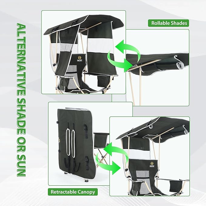 Nice C Chair with Canopy, Umbrella Chairs for Adults, Sports Chair with Shades, with Removable Footrest, Cooler Bag, Cup Holder for Camping, Fishing, Sports, Soccer, Beach (1Pack Green)