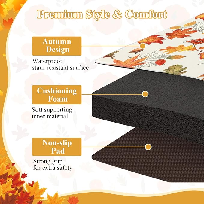 SHACOS Fall Anti Fatigue Kitchen Mats Orange Maple & Acorn 17x27.5+17x47 | Autumn Harvest Cushioned Kitchen Rugs Set of 2 Beige Non Slip Kitchen Floor Mat Ergonomic Standing Mats