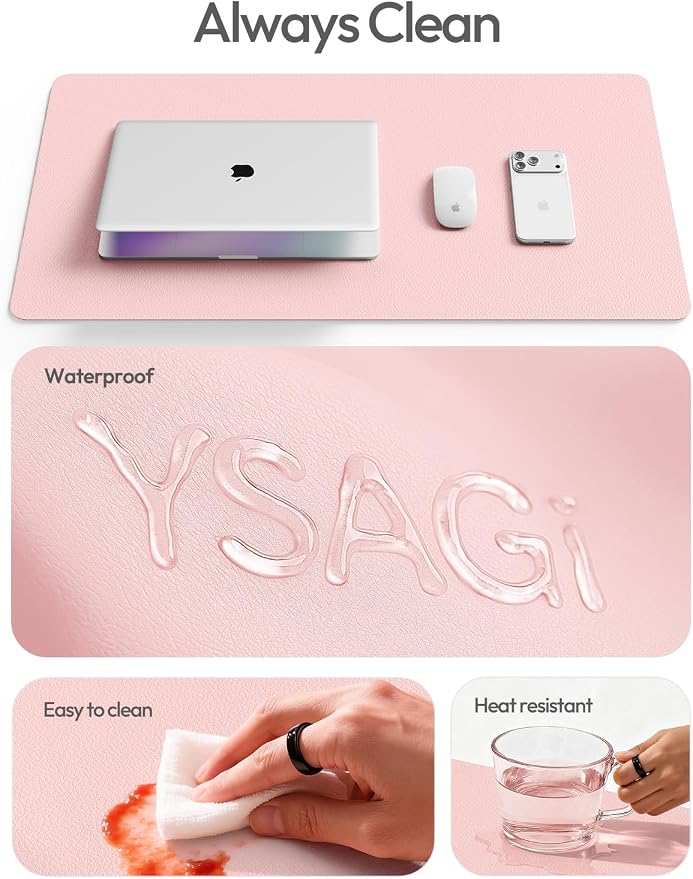 YSAGi Leather Desk Protector, Office Mat, Large Mouse Mat, Non-Slip PU Leather Blotter, Laptop Desk Mat, Waterproof Writing Pad for Office and Home(Light Pink, 40" x 24")