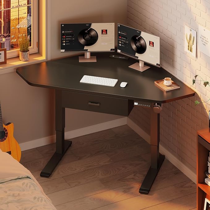 SEDETA Corner Electric Standing Desk with Drawer for Gaming, Small Space | 32'' Small Height Adjustable Computer Desk, Stand up Home Office Writing Desk, Black