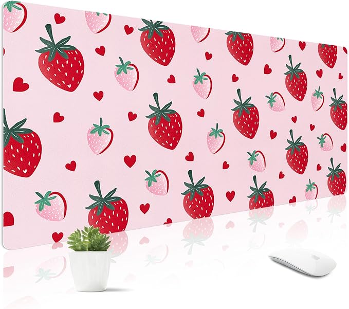 Mouse Pad Leather Desk Mat Large Keyboard Cute Office Desktop Computer Laptop XXL Long Big Aesthetic Modern Design Women Girls Gaming Gamer Oversized Wide Mousepad 31.5"x15.7", Strawberry