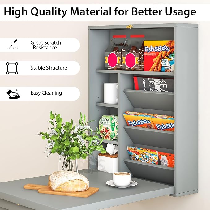Wall Mounted Desk, Wood Collapsible Floating Desk, Convertible Computer Desk with Storage Area, Hanging Fold Out Table for Home Office, Small Spaces (Grey)