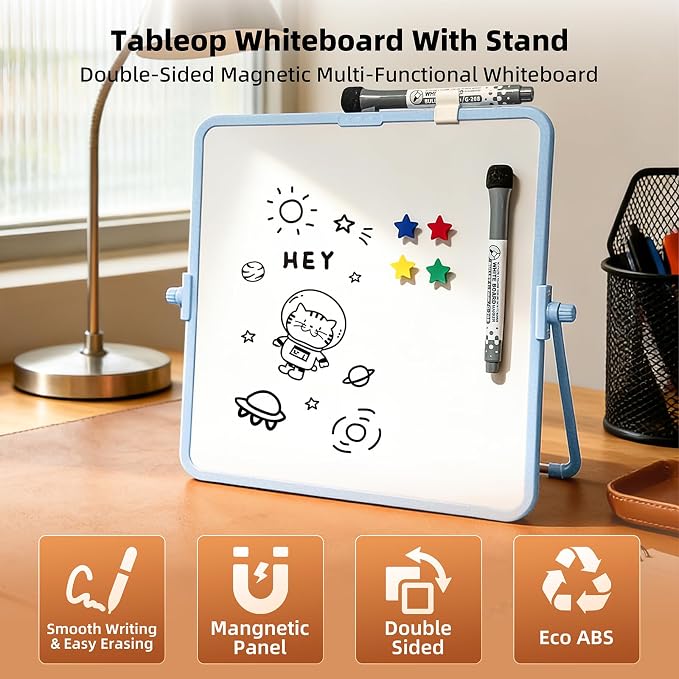 Colorful Dry Erase White Board 11x11in, Magnetic Desktop Board with Stand, 2 Markers (Eraser Head), 4 Magnets - Double-Sided Easel for Daily Planning, Office/Home/School (Blue)