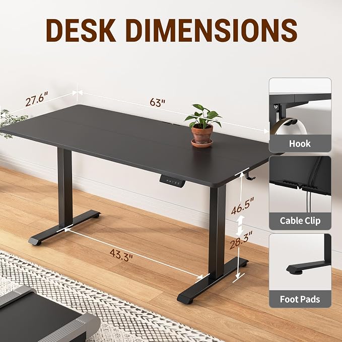 Veken 63x27.6 Inch Large Electric Standing Desk, Heights Adjustable,Sit to Stand Up, Work Home Office Computer Table for Walking Pad, Wooden Desktop Desks, Black