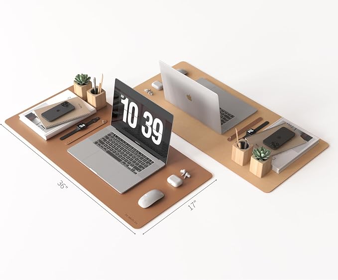 RENMTURE Desk Pad, Cork & PU Leather Desk Mat, Large Mouse pad, Non-Slip Desk Protector and Blotter, Waterproof Writing Pad, Desk Accessories and Organizers for Home Office (Brown, 36"x17")