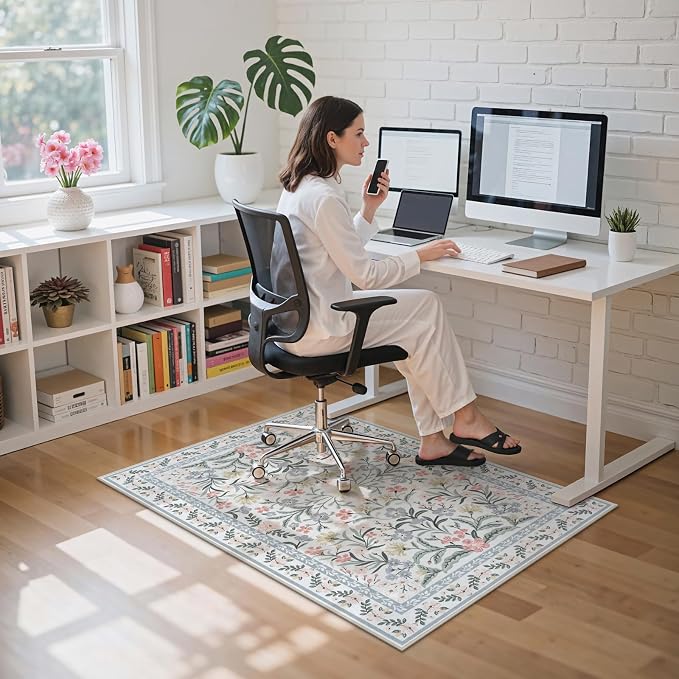 Anidaroel Desk Chair Mat for Hardwood Floor/Tile Floor, 36"x48" Boho Computer Chair Mat, Anti-Slip Floral Office Rugs for Rolling Chairs, Low Pile Beige Desk Chair Mats for Hardwood