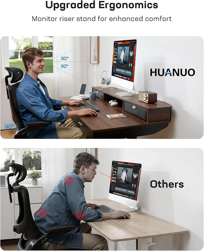 HUANUO 55 x 30 inch Electric Standing Desk with 4 Drawers, Walnut | Deeper 30 Inch Desktop, Cable Tray, Monitor Mount Support, Grommet Routing, 27.9–46.8 Inch Height Range, Home Office Use