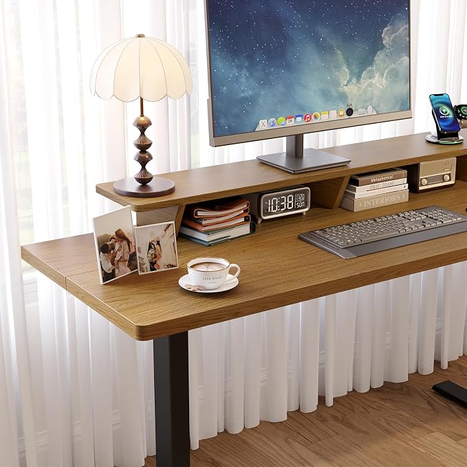 55 x 24 Inches Electric Standing Up Desk with Monitor Shelves,Height Adjustable Computer Desk from 28-46''with Memory Controller,Modern Home Office Desk for Work,Study,Oak Brown