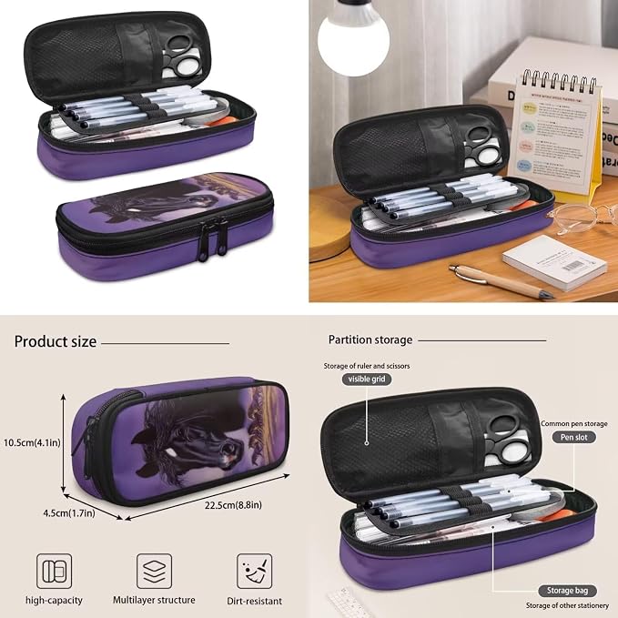 4 Pcs Western Horse Backpack Set - Elementary School Backpacks for Boys Girls with Lunch Box - 17 Inch Purple Bookbag for Kids Ages 6-10 Back to School - Lightweight & Portable
