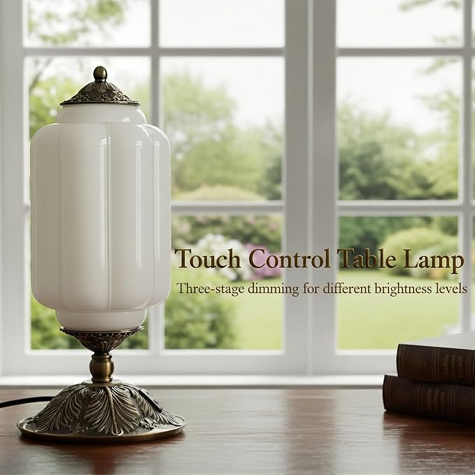 Vintage Touch Bedside Table Lamp, Elegant Green Glass Bedside Desk Lamp 3 Way Dimmable with USB C+A Charging Ports - Bedroom Nightstand & Living Room Essential (Vintage White, 6.5)