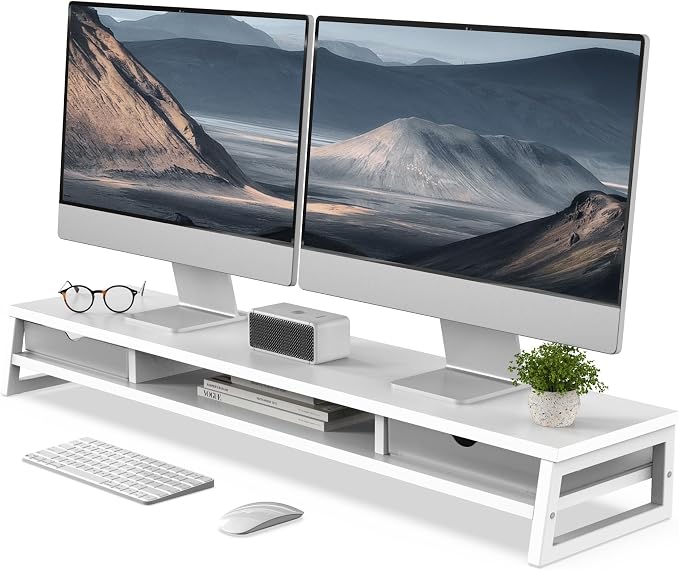 Fenge Dual Monitor Riser with Drwrs, Monitor Stand for Desk, 42.5 Inch Large Computer Monitor Stand for 2 27 Inches Monitors, 2 Tier Wooden Desk Shelf