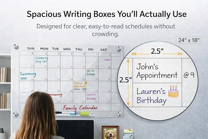 Acrylic Wall Calendar – Medium Clear Dry Erase Wall Calendar 24x18 – Acrylic Monthly Wall Planner for Home, Office & Family – Reusable Transparent Wall Calendar with Markers